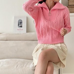 [롯데아이몰][옷자락] [하프클럽/]여자 하이넥 반집업 분홍색 케이블 세미크롭 티셔츠
