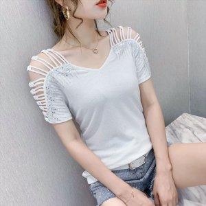 라인댄스복 V 넥 티셔츠 오프 숄더 여성 반팔-3.순백의T
