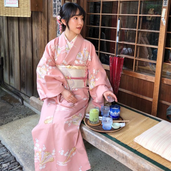 기모노 여성 유카타 료칸 벚꽂 모양 세련된 이쁜 핑크 인스타 갬성 팬션 기념 촬영 옷