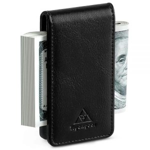 [해외]Tryangoos Slim Magnetic Money Clip for Men with Elastic Band, Leather Card & Cash Holder (Black)